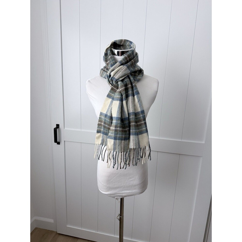 Vintage Glen Prince Scotland New Lambswool Scarf Blue Tan Plaid Quiet Luxury 90s